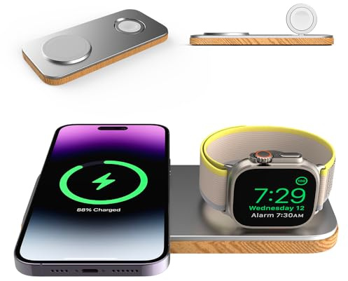 Cubenest 2-in-1 Magnetic Wireless Charger Compatible with MagSafe - Wood Design - Fast Charging Compatible with Apple Watch 7-9 and Ultra 1-2, iPhone 12-15, AirPods 2/3/Pro, Qi Devices (Silver)