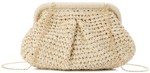 EVEOUT Pochette Femme en Paille Tressée Sac à Main en Forme de Ravioli en Raffia Boho Chic Sac de Soirée d’Été avec Chaîne pour Plage, Mariage & Vacances