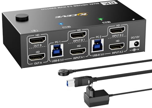 KVM Switch 2 PC 2 Monitore 8K@60Hz 4K@144Hz,Dual Monitor HDMI2.1 KVM Switch für 2 PC Teilen 2 Monitors und 4 USB3.0-Geräte(3USB-A+USB-C), mit 12V DC Netzteil+verdrahtet Fernbedienung und 2 USB-Kabel