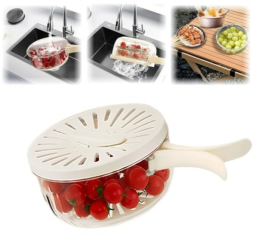 Ciotola multifunzionale per lavare frutta con colino, cestino di scarico 2 in 1 e contenitore per frutta con coperchio, ciotola per la frutta per cucina, frigorifero, picnic e campeggio (1QT)