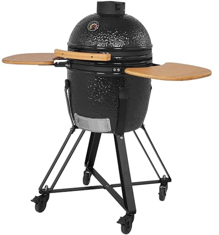 COOKFIRE - BBQ Kamado de Carbón Ø 45 cm - Barbacoa Japonesa Con Termómetro y Asas de Bamboo - Mini Parrilla Cerámica Portátil Negro