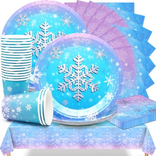 Huaxintoys Winter Schneeflocke Partygeschirr,61 Stück Schneeflocke Partyzubehör Set Einschließlich Tischdecke,Teller,Becher und Serviette für Weihnachten Winter Wonderland Dekoration