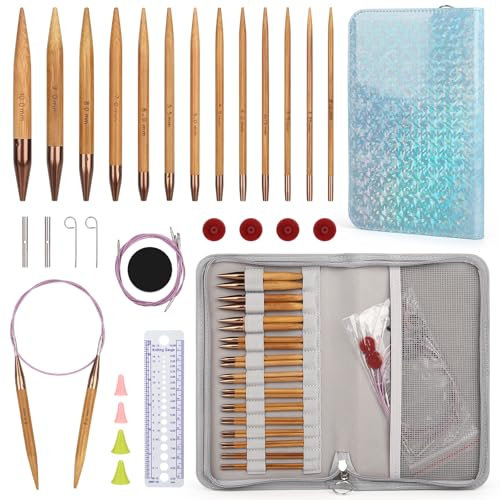 Aeelike Bambus Austauschbare Rundstricknadeln mit Etui und Zubehör, 13 Paar 3mm-10mm Stricknadeln Set Austauschbar, Rundstricknadel Set Austauschbar für Anfänger und Profis