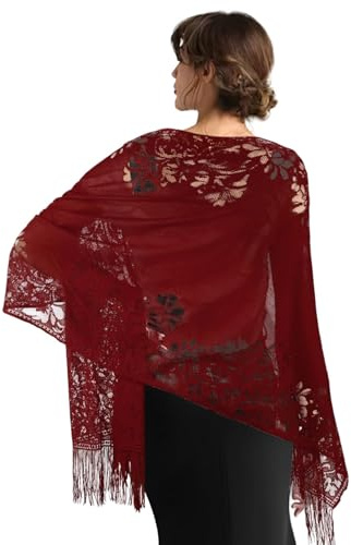 Psxuie Bufanda Estola Festiva para Mujer, Chal de Seda con Encaje Floral y Borlas de Moda, Dorado
