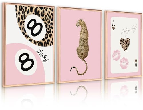 Lhoiplme Trendige Wandkunst, Motiv: Gepard, Leopardenmuster, Leinwanddruck, Gepard, Raum-Wanddekoration, 8 Kugel-Poster, Y2K, rosa Kokette, luxuriöser Druck, ästhetisch, Modebilder für Schlafzimmer
