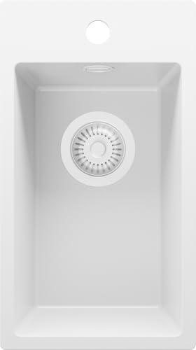PRIMAGRAN Evier Cuisine en Granit au Meuble 30cm + Kit de Vidage, 28x50cm | Set: Kit de Vidage (Siphon, bonde d’évacuation, trop-plein) + Lavabo 1 Bac - Riga, Tout Blanc