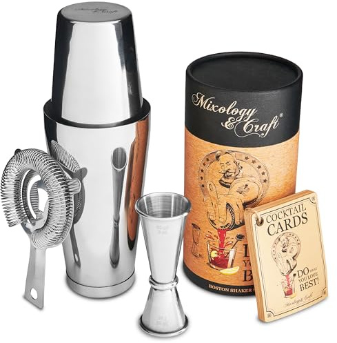 Professionelles Cocktail-Shaker-Set – Boston Shaker, Sieb & Japanischer Jigger | Inkl. exklusiver Rezeptkarten | Ideal für Bartending & Home-Bar (Silber)