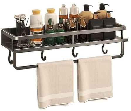 Étagère de douche Étagère de douche, organisateur de douche en aluminium avec barre porte-serviettes et crochets, rangement de douche sans perçage for salle de bain et cuisine intérieures Porte-servie