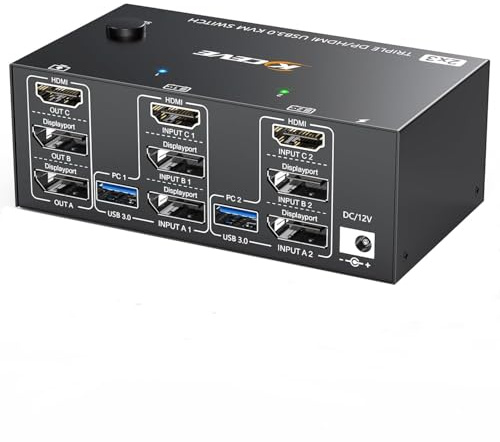 KCEVE KVM-omkopplare 3-bildskärmar 2 PC, 8K@60Hz/4k@144Hz USB 3.0 KVM omkopplare HDMI DisplayPort, för 2 datorer, 3 skärmar och 4 USB 3.0-enheter