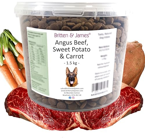 Healthy Complete Grain Free Dry Dog Food for Adult Dogs by Britten and James. Natural, Hypoallergenic, High-Protein Kibble with Omega 3 & Prebiotics. Angus Beef with Sweet Potato and Carrot (1.5kg)