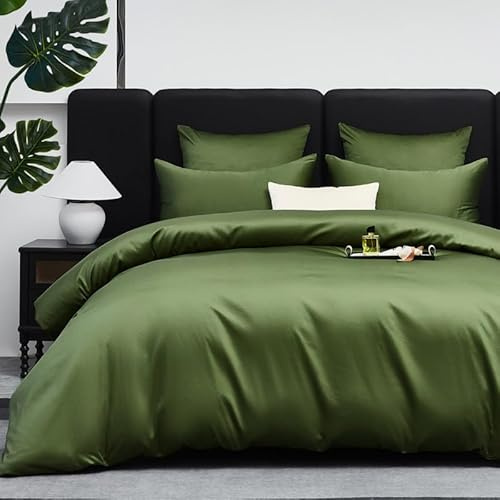 Gezu Bettwäsche 200x220cm Mako Satin Baumwollesatin Bettwäsche Olivgrün Grün 100% Baumwolle 3 Teilig Baumwolle Atmungsaktiv Weich Fein Bettbezug 200x220cm und Kissenbezug 80x80 cm mit Reissverschluss