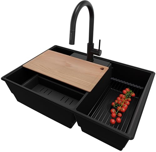 PRIMAGRAN Lavandino da Cucina al Mobile 80cm + Rubinetto, 78x53cm | Set: Rubinetto BW9010 + Kit di scarico + Lavello in Granito a 2 vasche - Parigi Chef, Tutto Nero