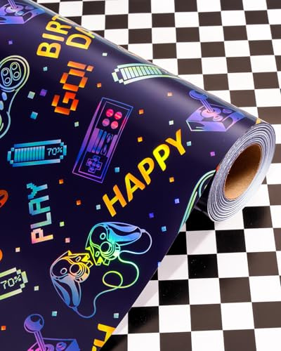 Wikadlik Gaming-Geschenkpapierrolle - Klassisches schwarz-weißes Karomuster für Kinder, Jungengeburtstage, Vatertag & Abschlussfeiern - 43 cm x 10 m