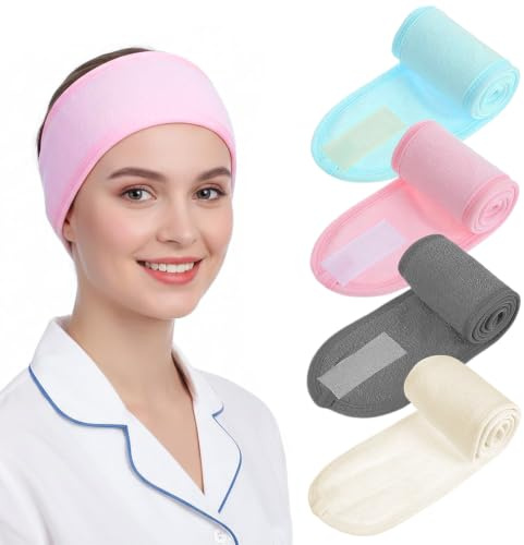 Omnikryp 4 Pièces Bandeau Maquillage, Bandeau Cheveux Femme Maquillage | Réglable Headband avec Magic Tape Élastique, Bande Cheveux Réutilisable Bande, pour Douche Bain Sport Yoga