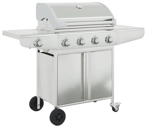 5 Burner Gas BBQ Grill with Large Cooking Surface, Stainless Steel Outdoor Grill with Side Burner, Wheels, Cabinet Storage, Built-in Thermometer and Piezo Ignition