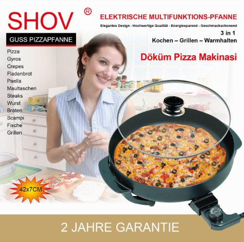 SHOV Sartén eléctrica de 42 cm, con tapa, termostato y antiadherente, 3 en 1 para cocinar, asar, mantener el calor, 1200 W