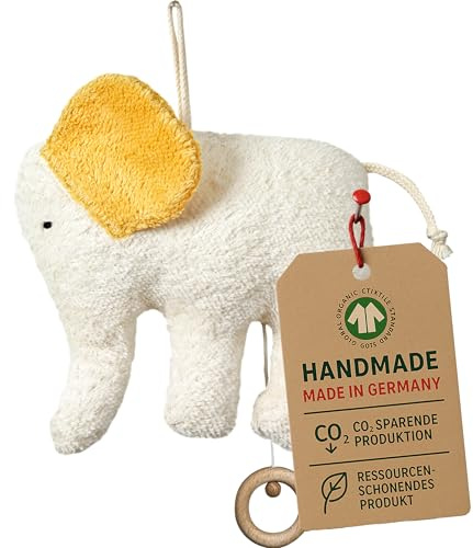 Efie Bio-Spieluhr Elefant – handgefertigt in Deutschland – 100 % Baumwolle (KBA), Füllung Schurwolle (kbT), GOTS-Zertifiziert - Melodie: Weißt du wie viele Sternlein Stehen