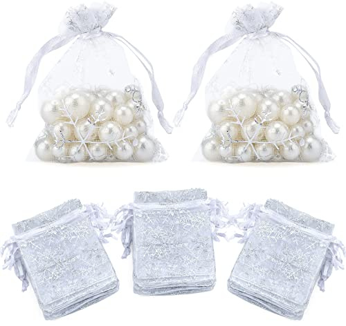jijAcraft 100pz Sacchetti Regalo in Organza 7x9cm Borse Organza Fiocco di Neve con Coulisse, per Regalo di Natale, Caramella, Gioielli (Bianco)