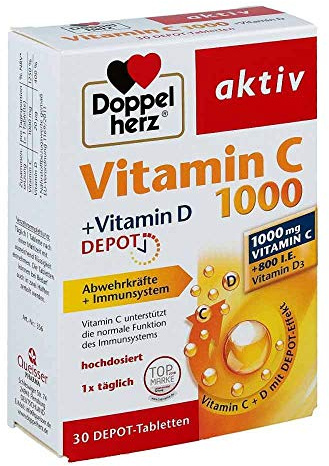 Doppelherz Vitamin C 1000 Tabletten – Hochdosiertes Nahrungsergänzungsmittel mit Vitamin C und D zur Unterstützung des Immunsystems und zum Schutz der Zellen – 30 Tabletten