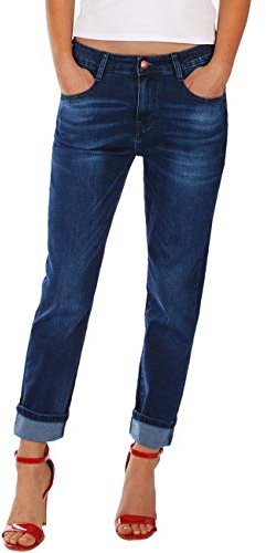 Fraternel damjeans byxor pojkvän baggy stretch avslappnad, Mörkblå, L