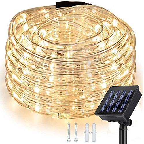 Nurkoo Solar Lichterschlauch 10m 100er LED Lichter mit 8 Modi Innen und Außen Lichterkette Lauflichter für Saal, Garten, Weihnachten, Hochzeit, Party, Terrasse - Warmweiß