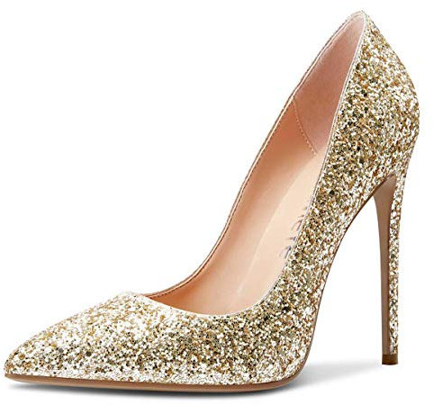 Castamere Scarpe col Tacco Donna Moda Punta Appuntito Tacco a Spillo 12CM High Heels Oro Glitter Scarpe EU 37.5