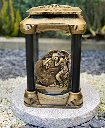 Grablampe Handmade mit Sockel NEU Herz - Engel Motiv Gold mit Beschriftung Grablicht Grabkerze Grabdekoration Grabschmuck Gartenlampe incl.Grabkerze.