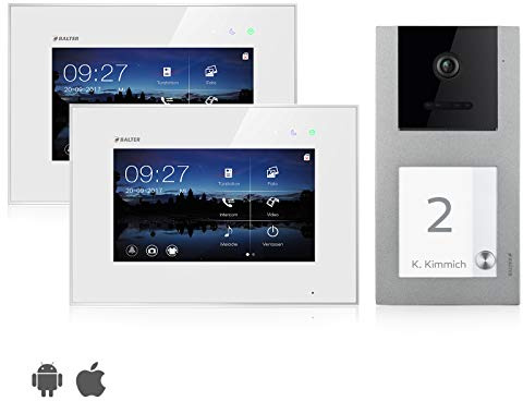 Balter EVO Video Türsprechanlage, Touchscreen, 7 Zoll Monitor, Smartphone App, 2-Draht Bus, Aufputz Türstation für 1 Familienhaus, 1 Türklingel, RFID Funktion (2 Monitore, Mit App)