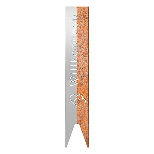 teileplus24 GS01 Rost Willkommen Gartenstecker Gartenschild | Garten Deko | 3D Abkantung | 120cm x 21cm, Design:Doppelherz