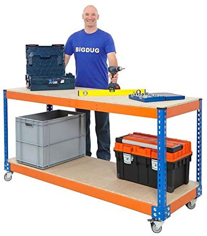 BiGDUG Heavy Duty Mobile Workbench Chipboard Shelves Storage Factory Production Line Warehouse Workshop Stockroom Garage Assembly Plant Industrial Area (920h x 1830w x 760d mm)
