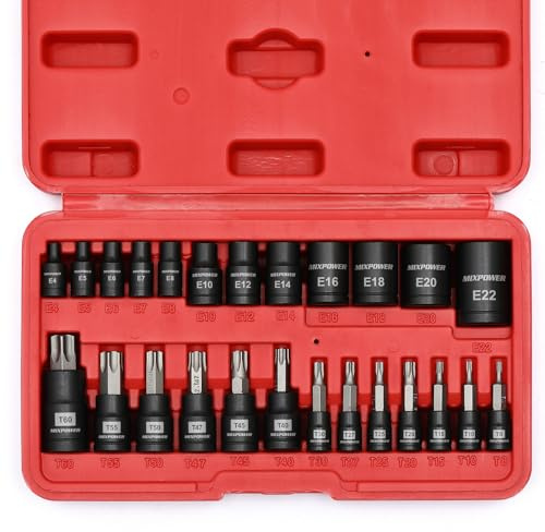 MIXPOWER 25 Piece Torx Bit and Socket Set, 13 Star Bits (T8- T60) & 12 E-Torx Sockets (E4-E22), Professional Grade Auto & Motorcycle Mechanic Set