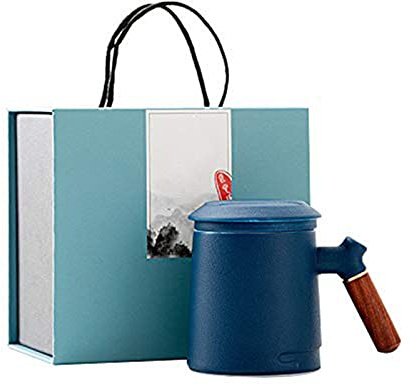 JICAIXIAYA Taza De Té De Cerámica con Mango De Madera, 400ML Pottery Tazas De Té con Tapa Y Inoxidable Filtro, Mugs con Separación De Té Filtrada para Oficina Hogar O Regalo (Azul Oscuro)