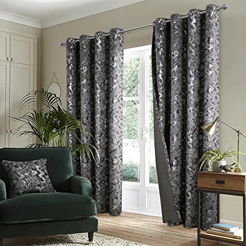 always4u Multi Colour Foil Print Velvet Curtains for Living Room Rainforest Leaves Modern Window Drapes 2 Panels 54 * 108 Charcoal Grey Velour Curtains