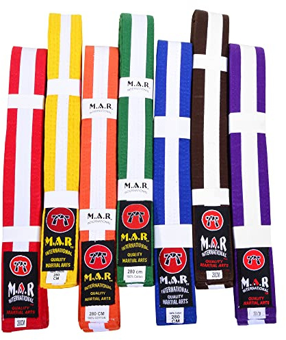 MAR | Martial Arts Belt - 100% Cotton, 20+ COLOURS Striped Ranking Belt | Professional Equipment for All | Striped Grading Belts, Ideal for Karate, Judo, Taekwondo, Jiu jitsu (250cm - 320cm)