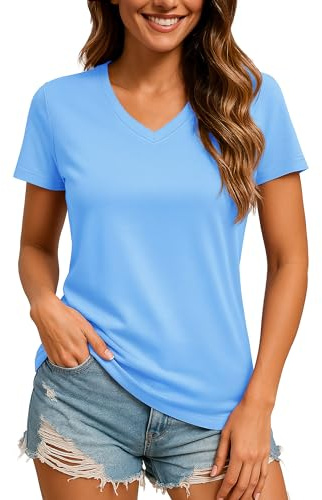 TACVASEN Women's V-Neck Lightweight Active T Shirts UPF 50+ Sun Protection Breathable Moisture Wicking Hiking Tops Waterfall Blue L