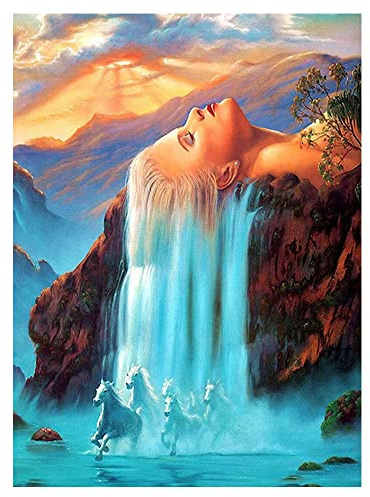DCIDBEI 40 x 50 cm DIY 5D Runde Diamant Malerei Landschaft Magische Berge,Diamond Painting Kits Pferd Set Diamant Painting Natur Frau,Wohnzimmer Schlafzimmer Dekoration Wandtattoo-Wasserfall Damen