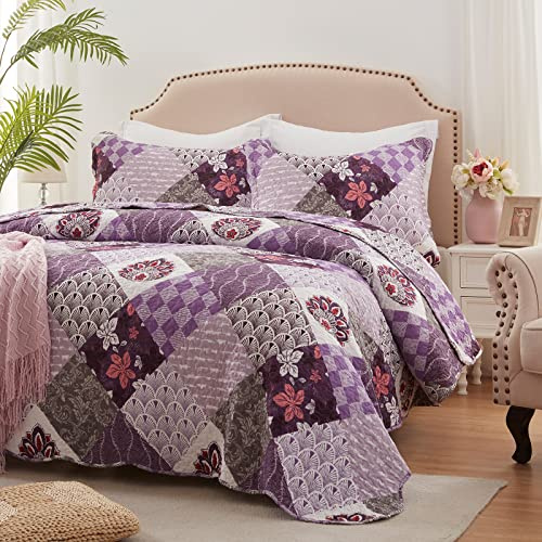 King-Size-Bettwäsche-Set, 3-teilig, leicht, wendbar, Tagesdecke, 248x274 cm, weiches Patchwork-Blumenmuster, luxuriös, warme Mikrofaser-Bettdecke, lila Bettwäsche-Set (1 Steppdecke, 2 Kissenbezüge)