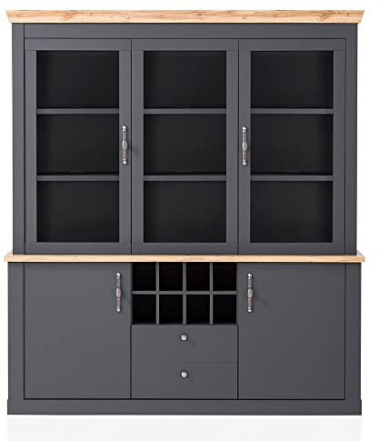 Lomadox Buffetschrank Wohnzimmer Vitrine Eiche anthrazit 4 türig im Landhaus Stil, B/H/T ca. 184/205/44 cm