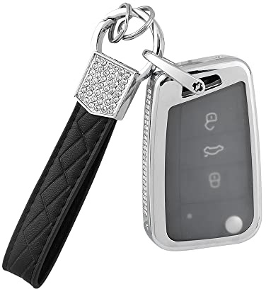 BLINGOOSE Glitzer Schlüsselhülle für VW Volkswagen Golf GTI Tiguan Jetta Atlas Zubehör Bling Auto 3 4 Tasten Schlüssel Hülle Schutzhülle Schlüsselanhänger Frauen Männer Metall Klasse 1 Stücke