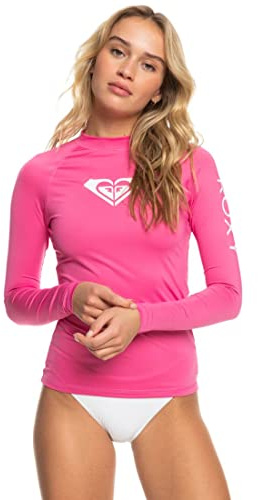 Roxy Women's Long Sleeve Compression Fit Rashguard UPF 50+ Quick Dry Recycled Swim Shirt, Shocking Pink, Medium