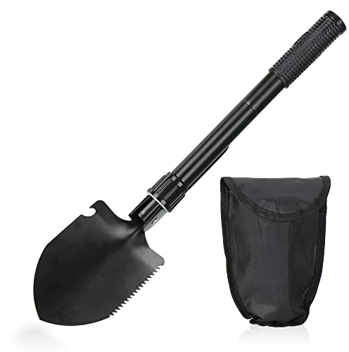 com-four® Klappschaufel mit langem Griff - Mini-Klappspaten mit verlängertem Griff für bessere Hebelwirkung - Schaufel mit Flaschenöffner, Kleiner Säge und Spitzhacke (schwarz - 41 cm)