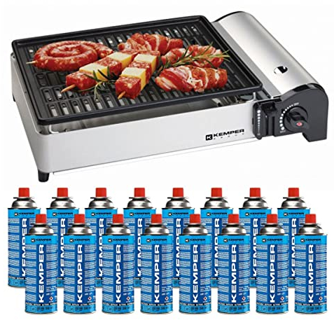 KEMPER - Barbecue gaz 1900W Grille anti adhesive + 16 Cartouches gaz camping