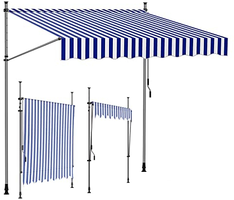 WOLWES Standmarkise Ohne Bohren, Klemmmarkise mit Kurbel, Markise Balkon Sonnenschutz, Wasserdicht Markisen Verstellbare Höhe (Color : Blue-White, Size : 2m/78in)