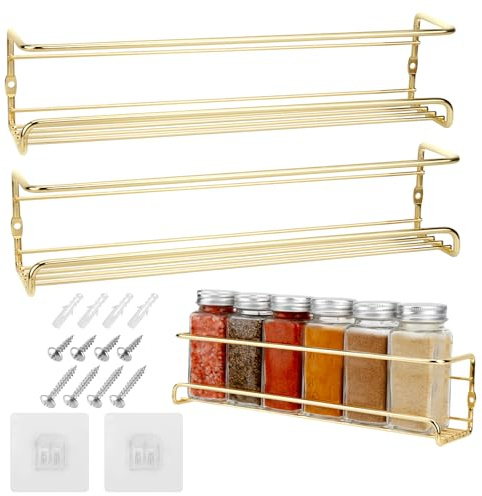 blueden 2 Pack Self Adhesive Wall Mounted Fridge Refrigerator Spice Racks,Metal Kitchen Seasoning Jar Organizer for Space Saver,Hanging Spice Organizer Shelf for Kitchen Cabinet,Wall,Pantry Door.Gold