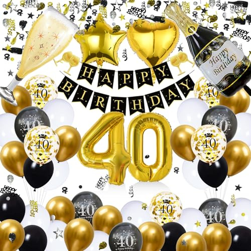 waziwe Deko 40 Geburtstag Mann, Luftballon 40 Geburtstag Frau,40 Geburtstag Männer Deko, Geburtstagsdeko Schwarz Gold, Konfetti Geburtstag Deko Mann Frauen, Streudeko Geburtstag, 40er Geburtstag Deko