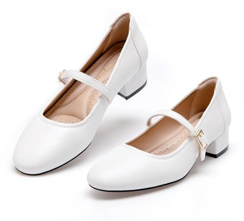 Hingswink Mary Jane Shoes White Low Heels Dress Pumps for Women - 2 Inch Chunky Heel With Adjustable Ankle Strap, Dressy Casual, PU White, Size 6.5