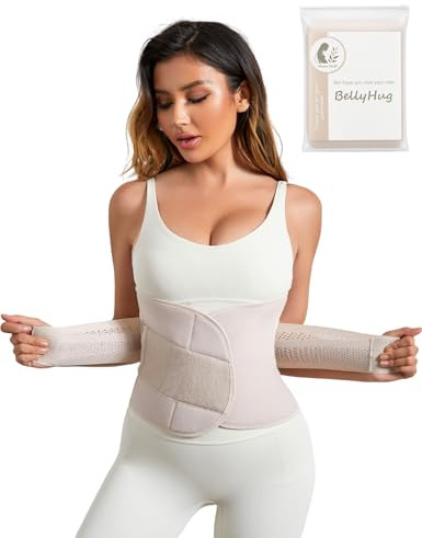 Mama Stuff BellyHug – Fascia Post Parto per Recupero Addominale | Pancera Contenitiva Ideale Dopo Cesareo, Compressione Regolabile e Traspirante (Beige, L)