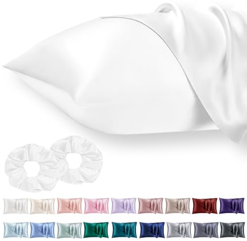 Vielit 2 Pack Satin Pillowcase for Hair and Skin Cooling,Soft as Silk Pillowcase for Hair and Skin,Easier Care than Silk Pillow Case White 50x75cm Gifts for Women Envelope & 2 Scrunchies