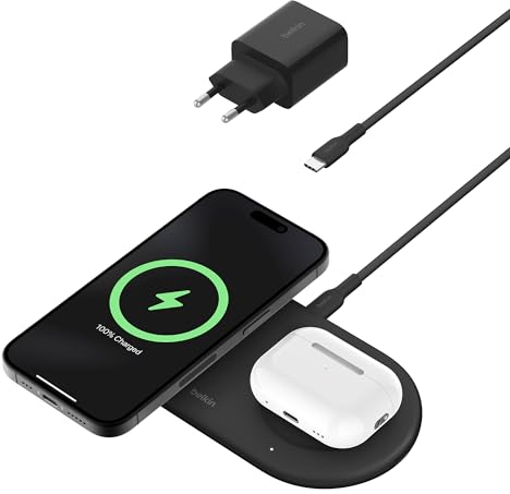 Belkin BoostCharge Pro Tappetino di ricarica wireless 2 in 1 con tecnologia magnetica Qi2 15 W, caricabatteria wireless rapido compatibile con iPhone 16/15/14/13, AirPods e dispositivi MagSafe -Nero