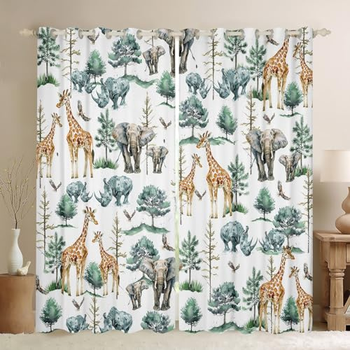 Homemissing Verdunkelungsvorhänge mit Giraffen-Elefantenmotiv, für Kinder, afrikanische Safari-Fenstervorhänge, Dschungeltiere, Fensterbehandlungen, Zootiere, Vorhänge (2 Paneele, B 46 x L 72)